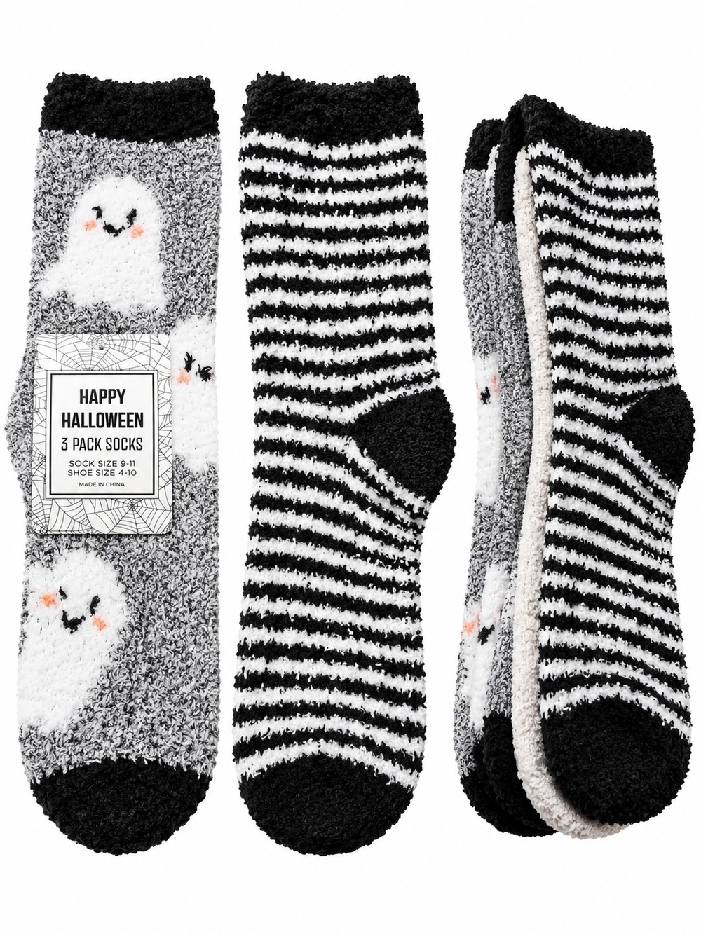 Cozy Halloween Ghost & Stripe Fuzzy Socks - Black & White (3 Pack)